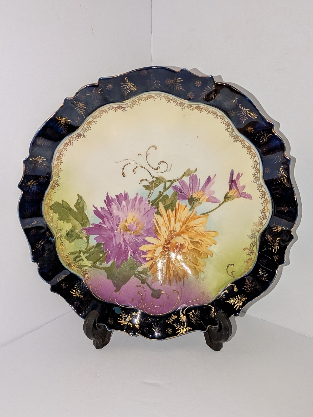 Antique Hand Painted Porcelain Serving Dish Cobalt Blue Rim Gold Trim Floral 9"R